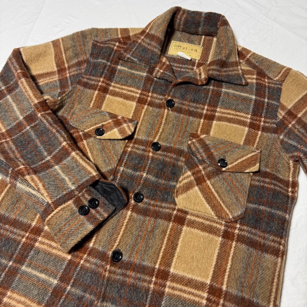 Vintage 70s Melton Outerwear Heavy Wool Shirt Jacket Plaid Mens Small Earthtone